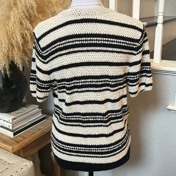Anthropologie Striped Cropped Wrap Cotton Blend Short Sleeve Sweater Size Large - Picture 5 of 8